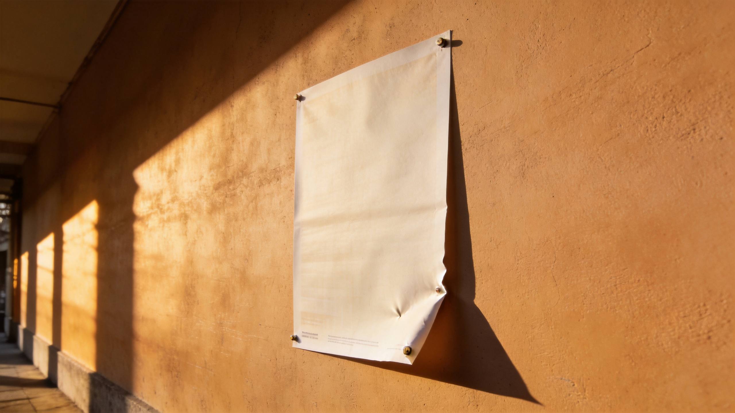 Blank poster mockup pinned to an orange wall with strong sunlight and shadows