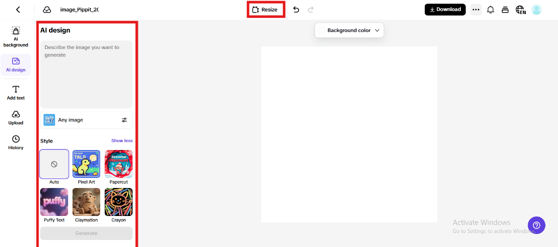 Insira o prompt e selecione o tamanho