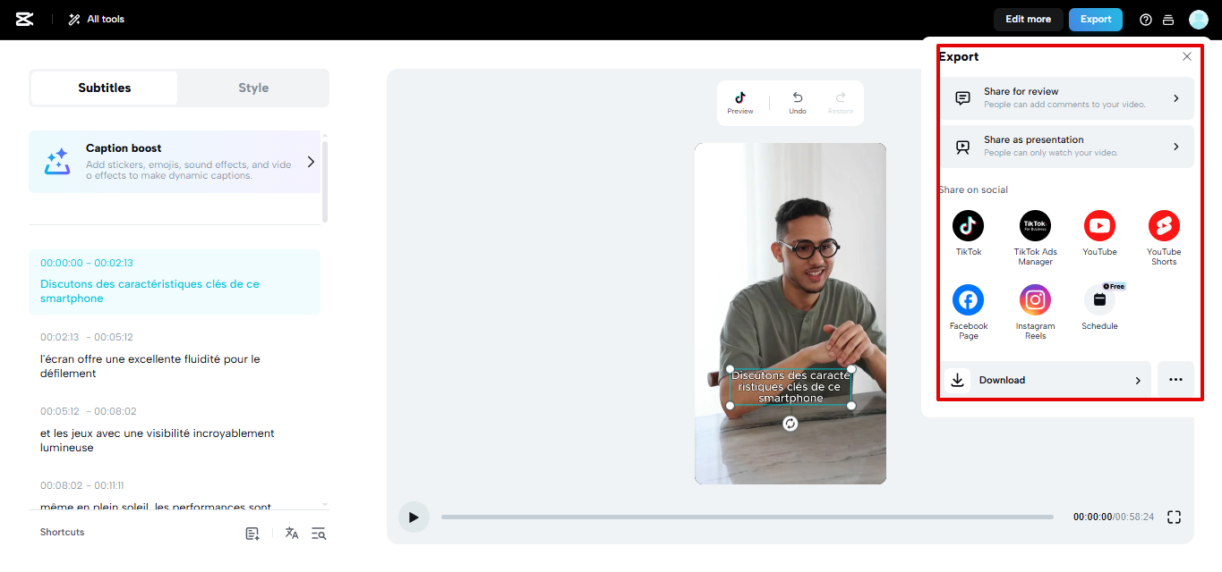 Exporting video from CapCut Web