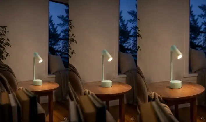 Tres vistas lado a lado de una lámpara de mesa encendida sobre una mesa auxiliar de madera al atardecer