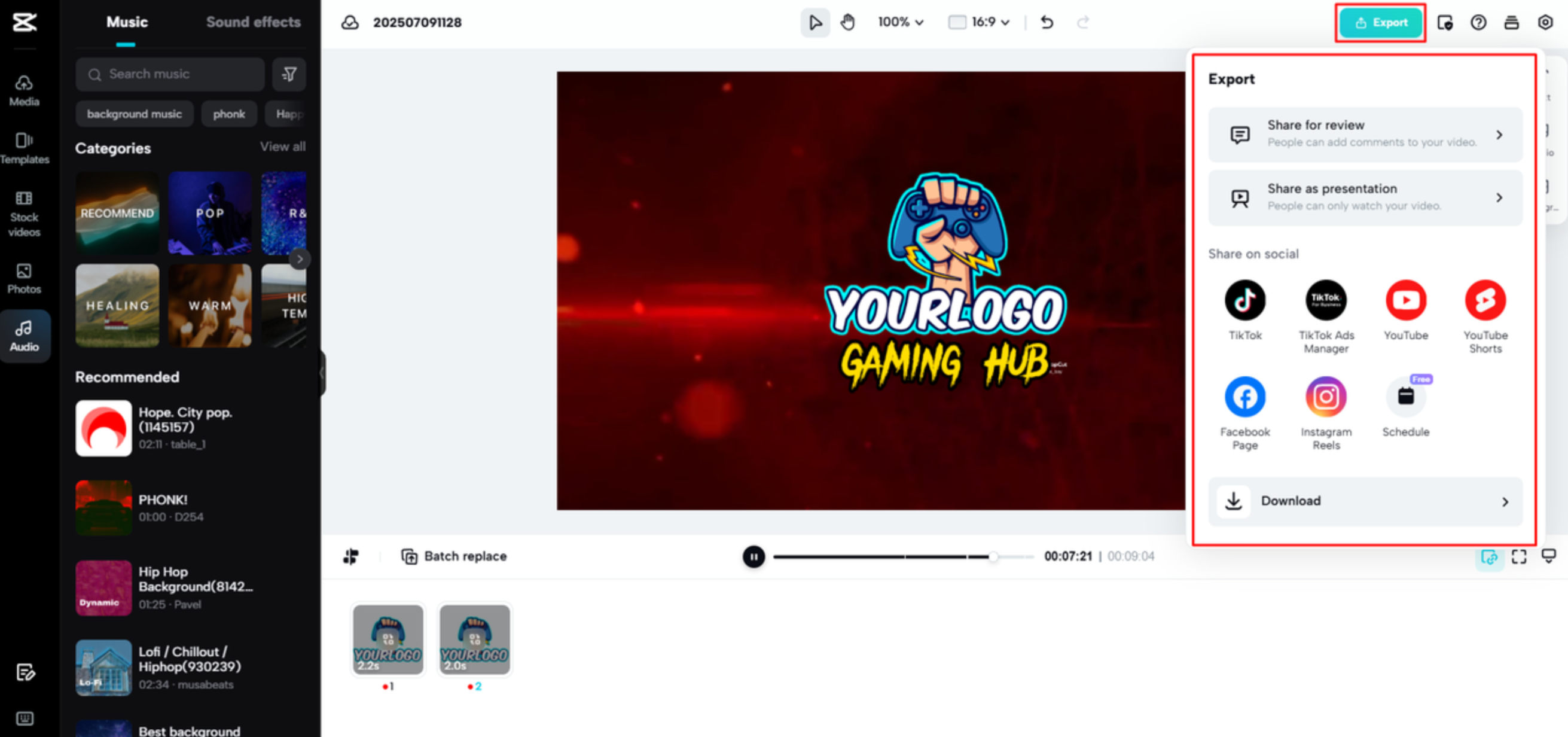 Exporting an edited video from CapCut Web