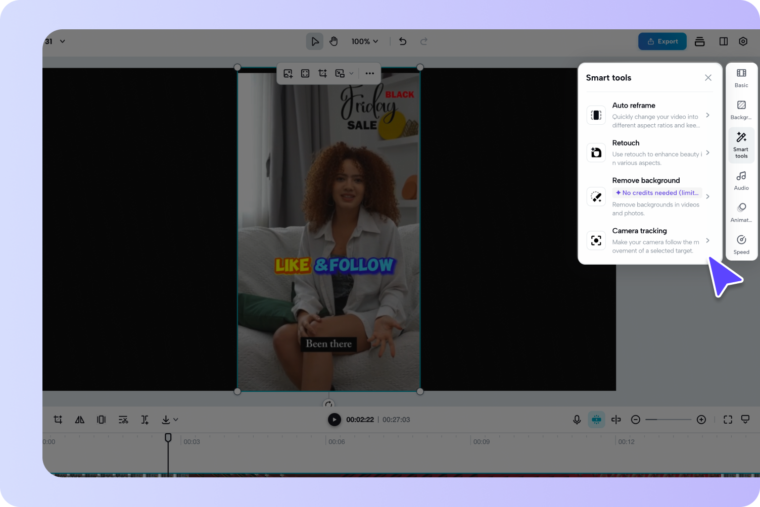 Migliora il tuo video con strumenti AI.