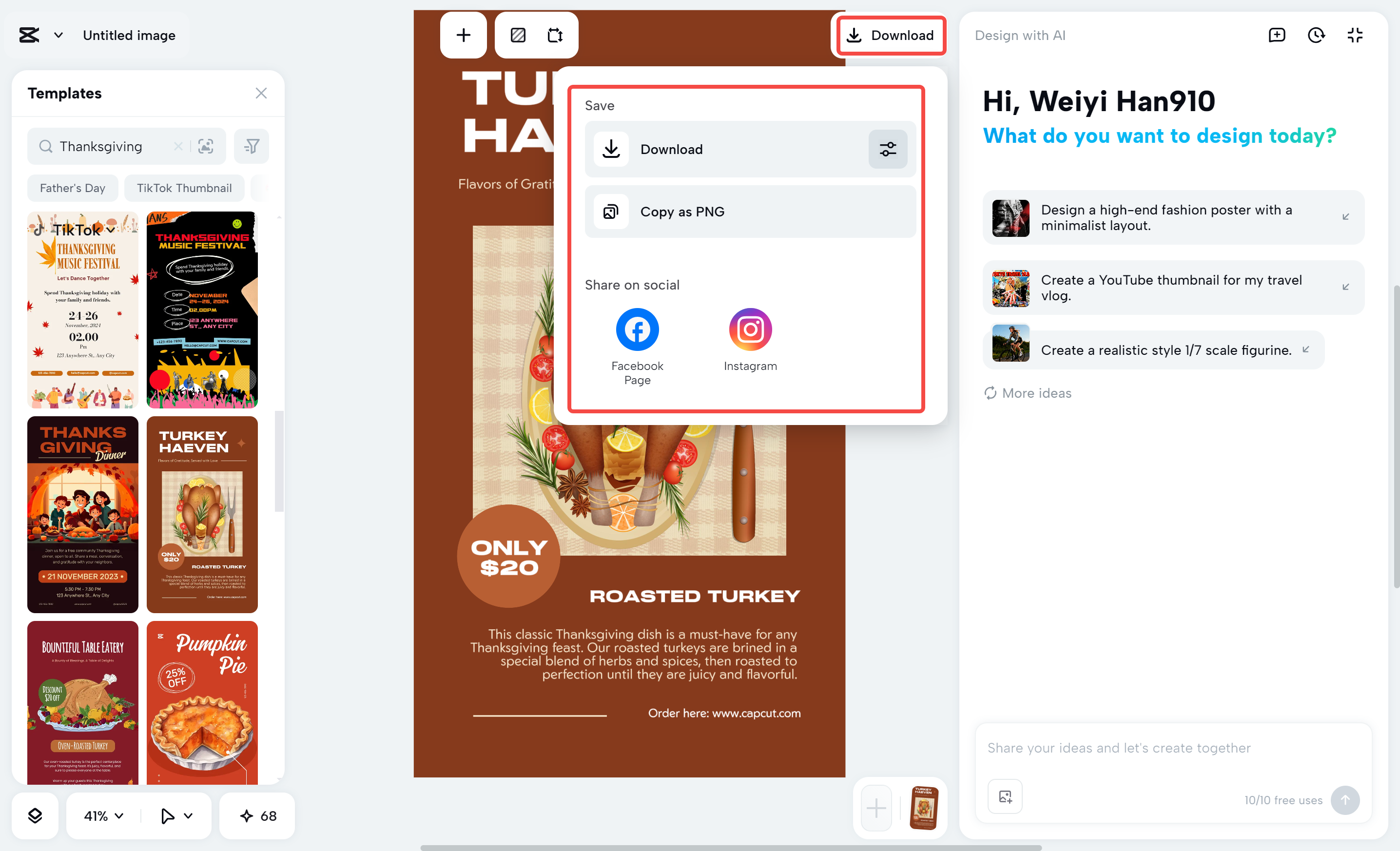 Hit the downlad button to export and share your Thanksgiving card templates.