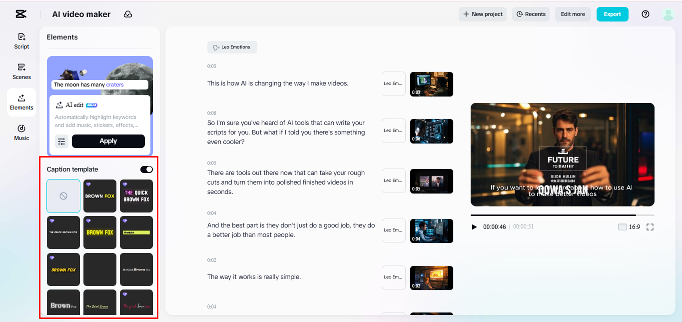 Hinzufügen von Unterschriftenvorlagen zu einem Video mit CapCut's AI Video Maker