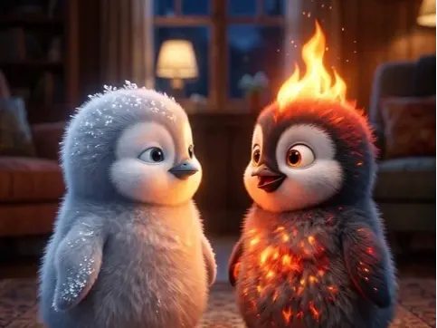 Two fluffy penguin chicks stand together, one icy white and one glowing with flames.