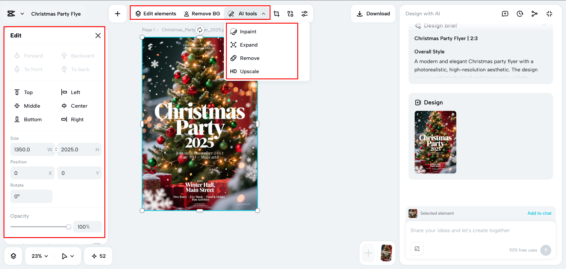 Editing the flyer with text prompts using CapCut's AI design