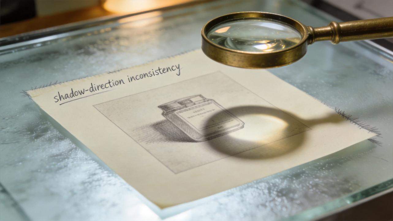 Magnifying glass over a sketch labeled shadow-direction inconsistency