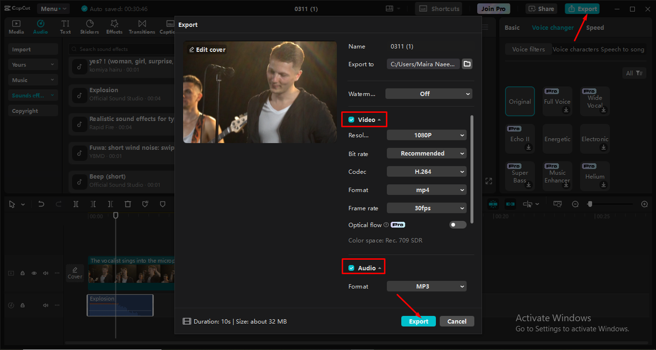 تصدير فيديو أو صوت من محرر فيديو سطح المكتب CapCut
