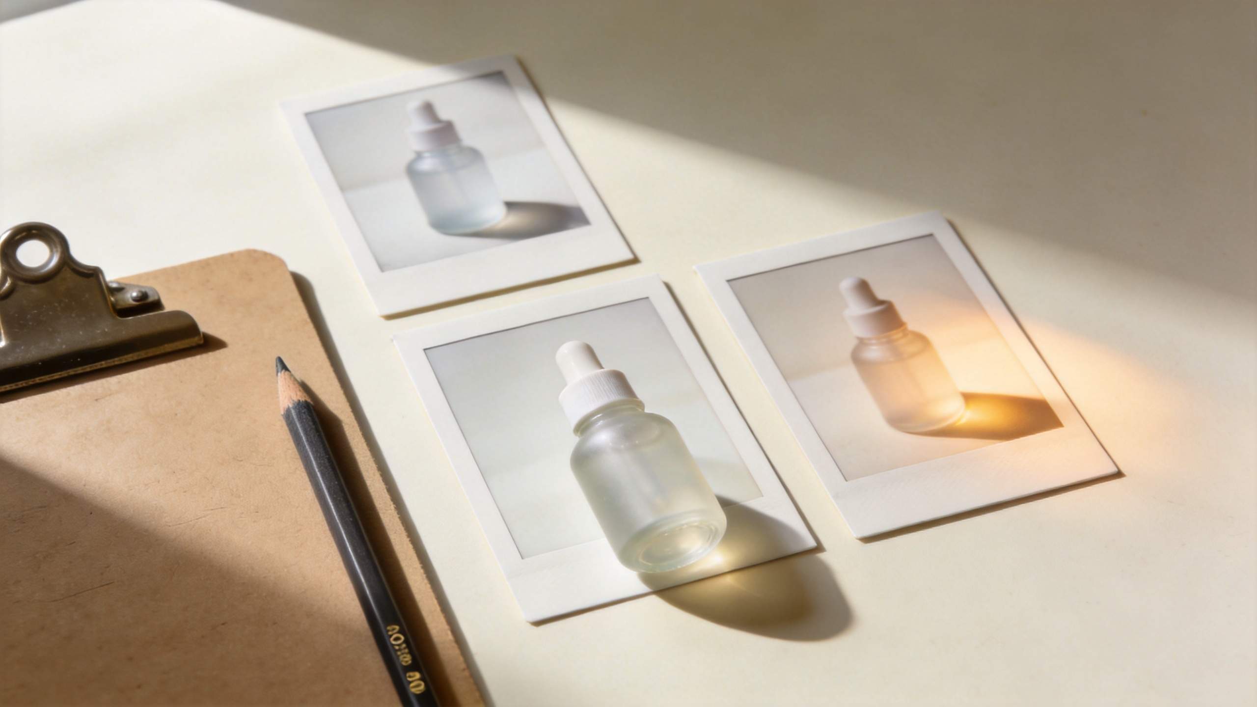 Three Polaroid photos of a dropper bottle beside a clipboard and pencil on a sunlit desk