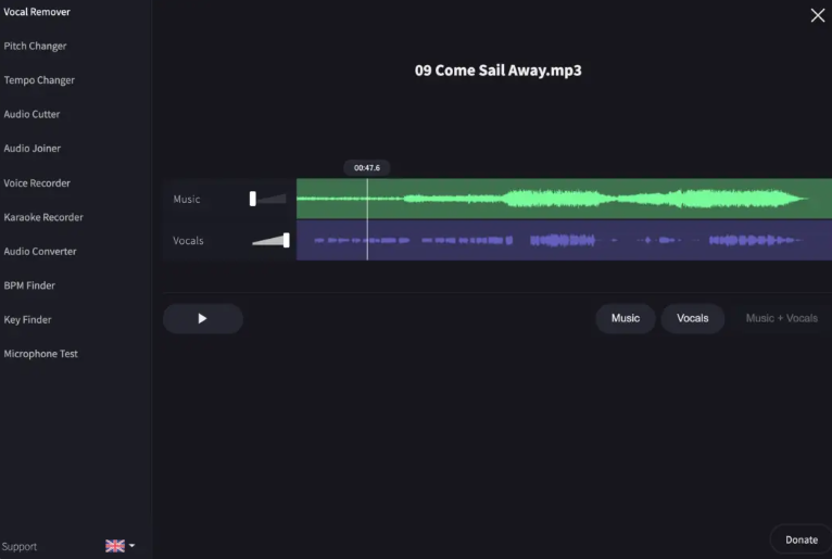 ボーカルリムーバー＆アイソレーションを使用して曲のボーカルを除去する