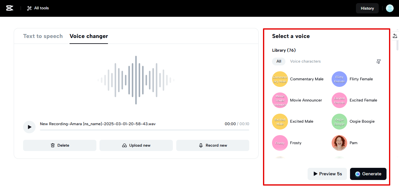Changing voice in CapCut Web
