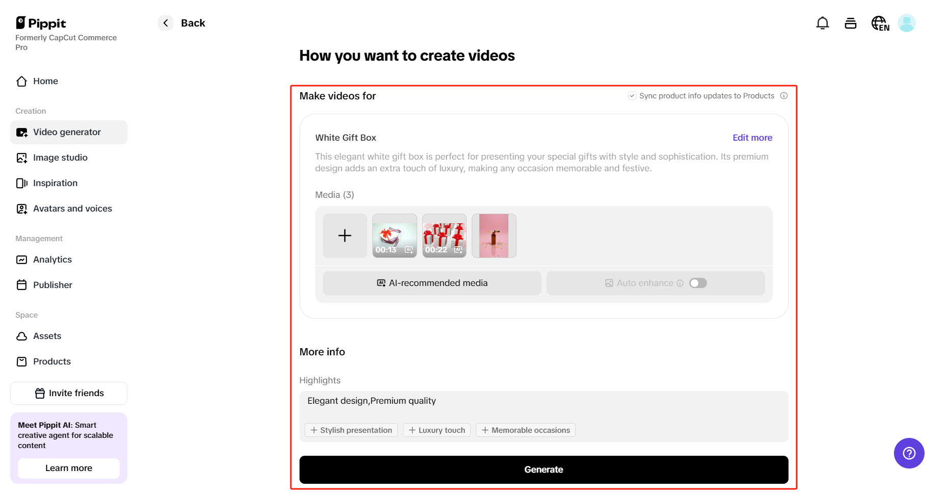 Customizing video in Pippit