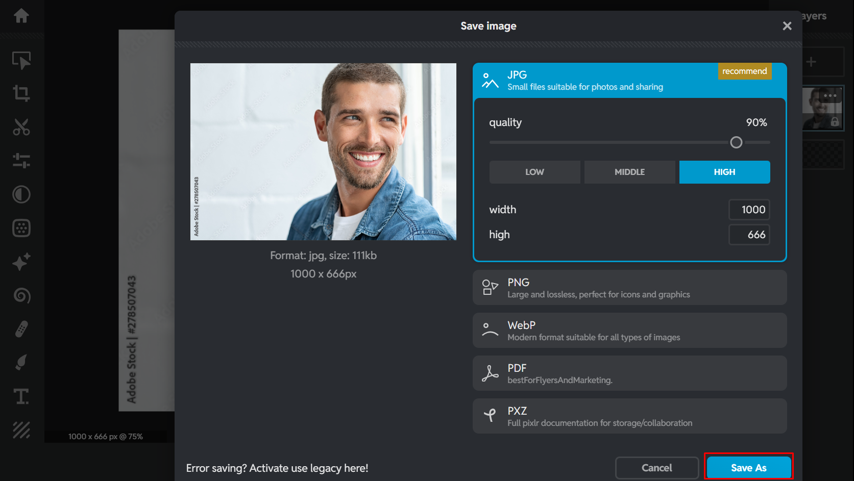 Stahování obrázku z Pixlr zdarma online editor fotografií