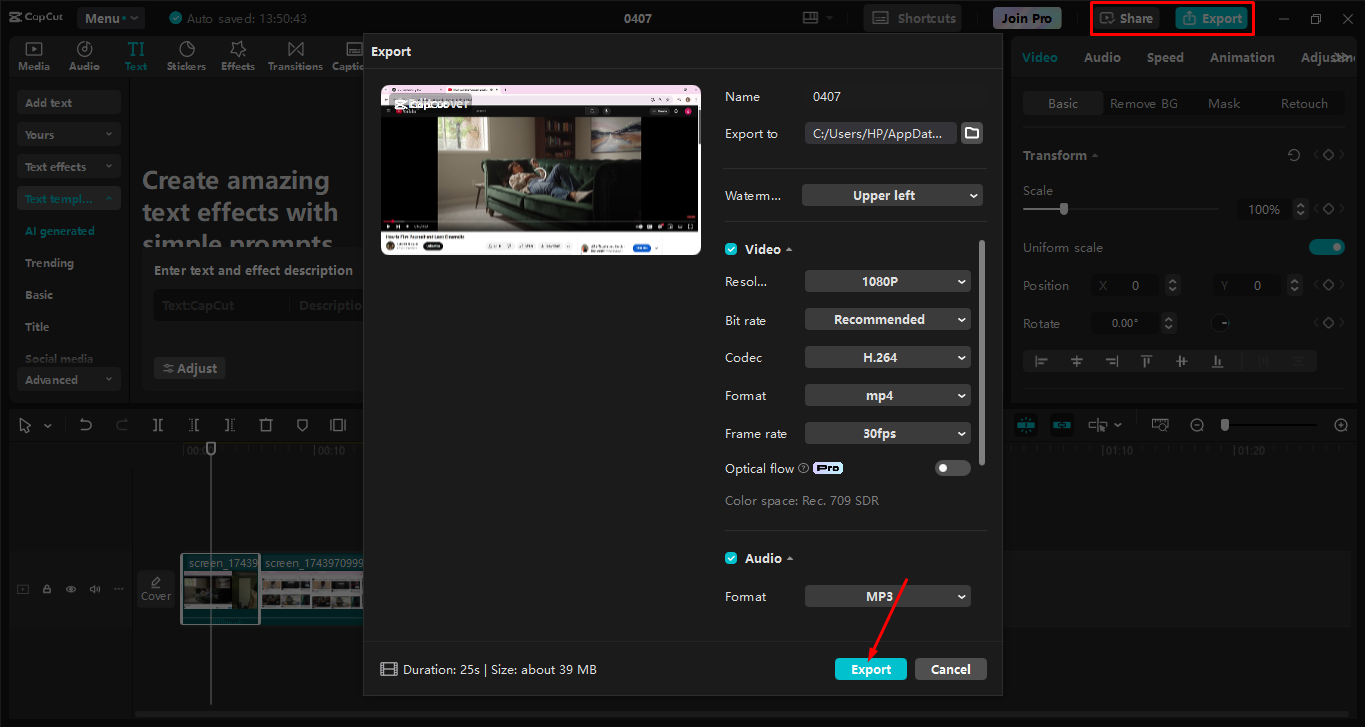 Exporting the screen recording from the CapCut desktop video editor
