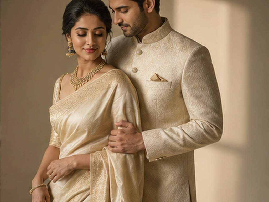 Couple Saree Prompts prompt example 3 - Ivory studio editorial