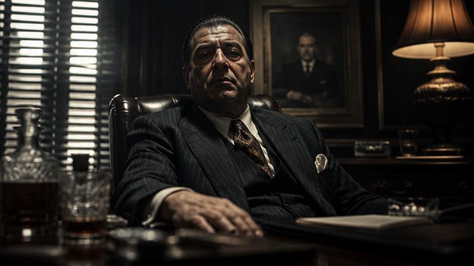 Gangster Prompt Generator — a rain-soaked noir gangster portrait under street lights