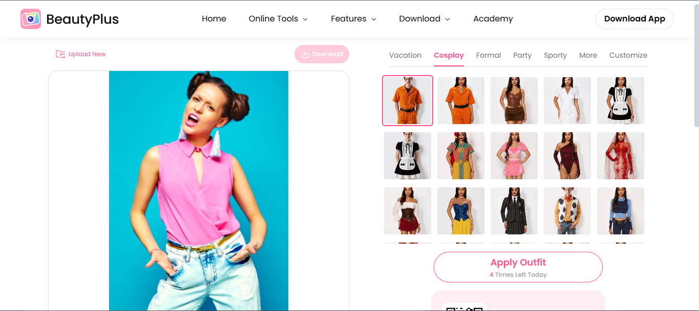 Interface of BeautyPlus - the ideal tool to edit clothes in a photo online