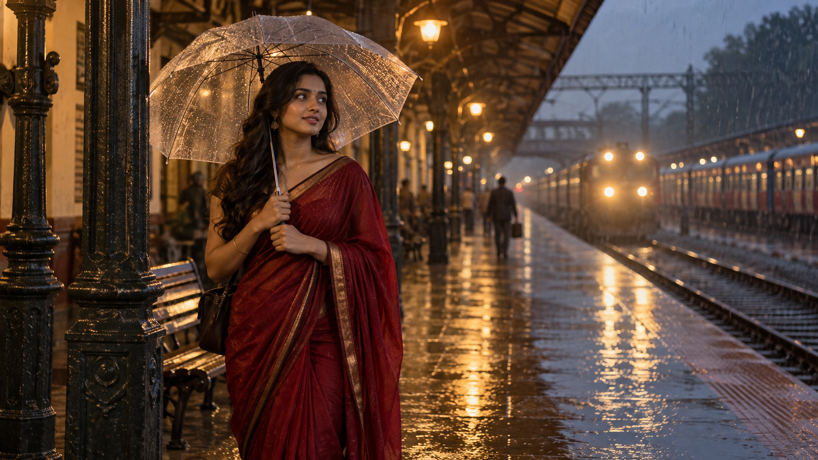 Rainy Railway Saree Portret voorbeeld voor shivam ai prompt