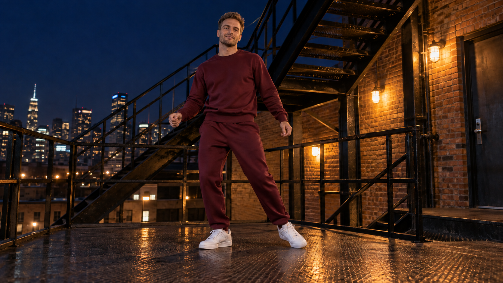 Original adult performer in a burgundy tracksuit on a night-time metal stair landing