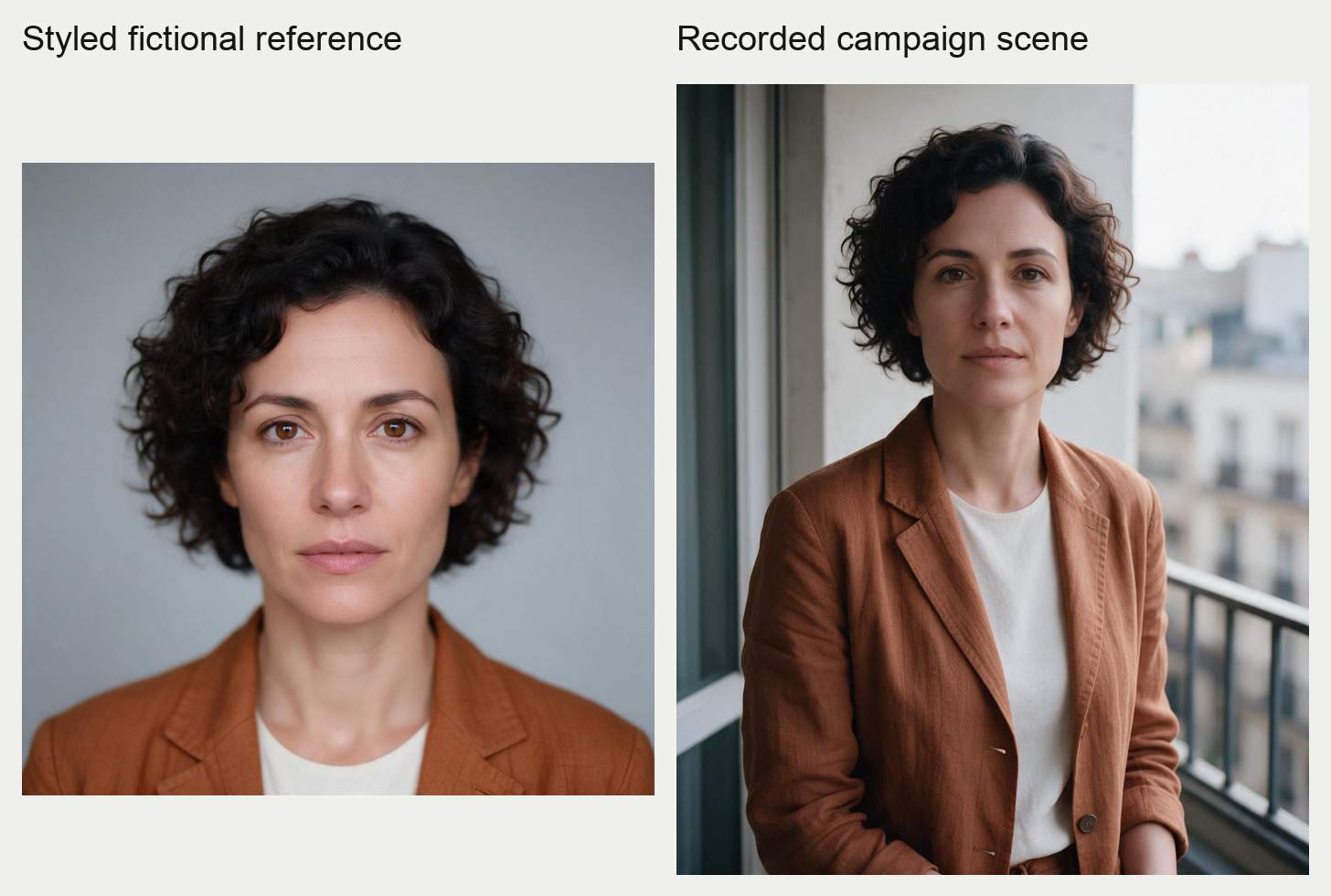 A styled fictional adult in an ochre blazer appears in a neutral portrait on the left and a waist-up balcony campaign scene on the right