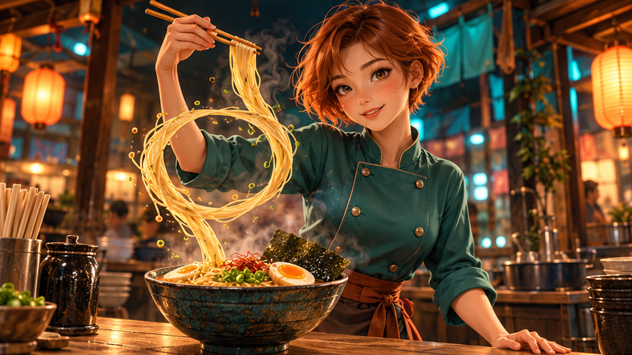 Exemplo ilustrativo IA de Kung Fu Ramen: um loop de macarrão no mercado noturno