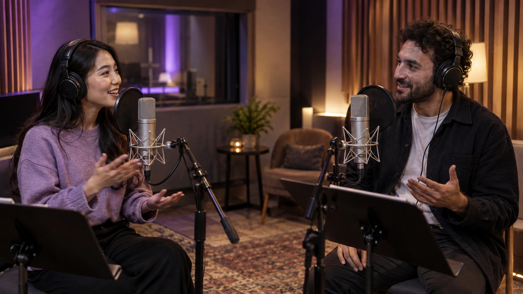 Two voice actors recording multilingual dialogue at separate studio microphones