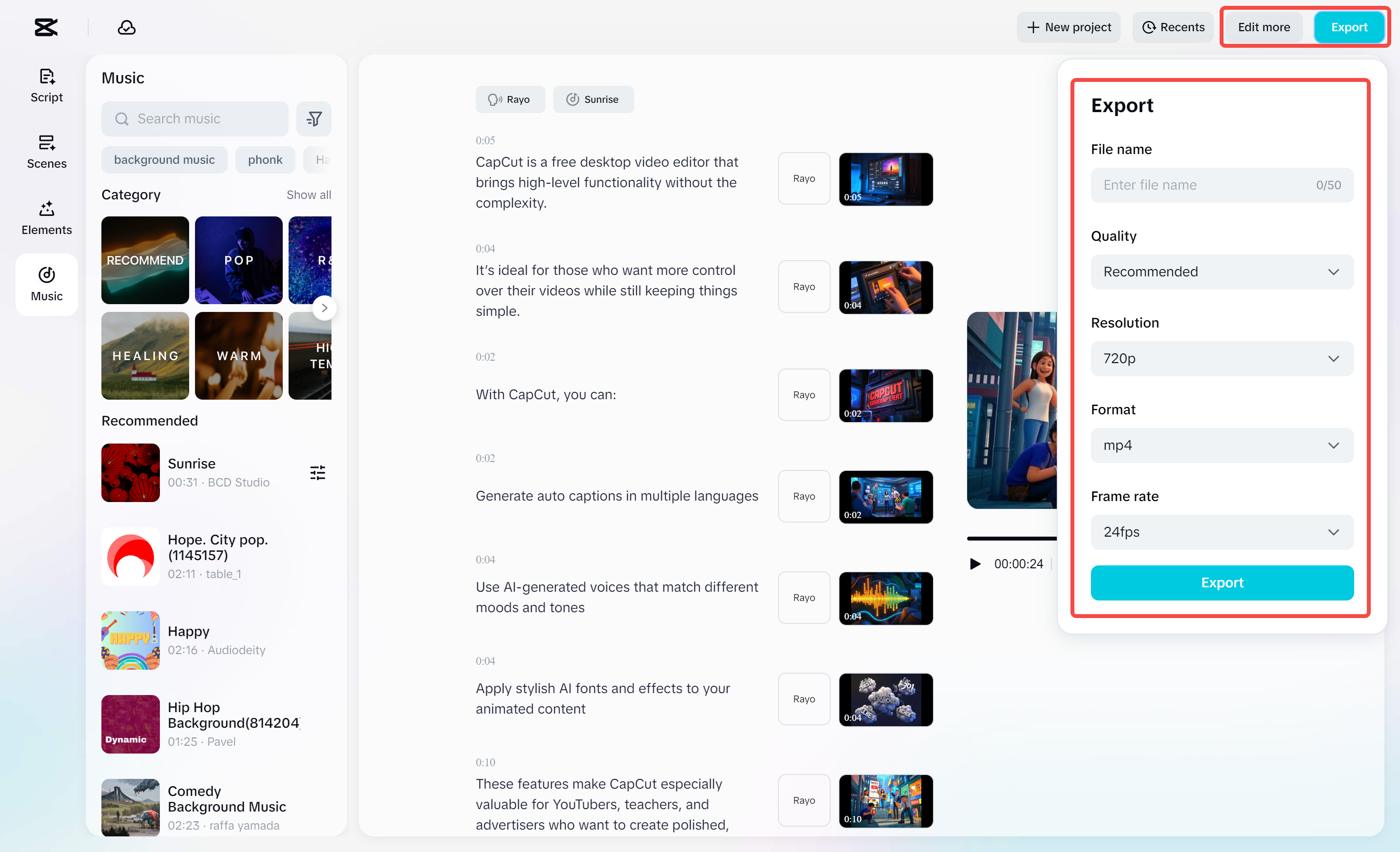 Exporting a video from CapCut's AI video maker