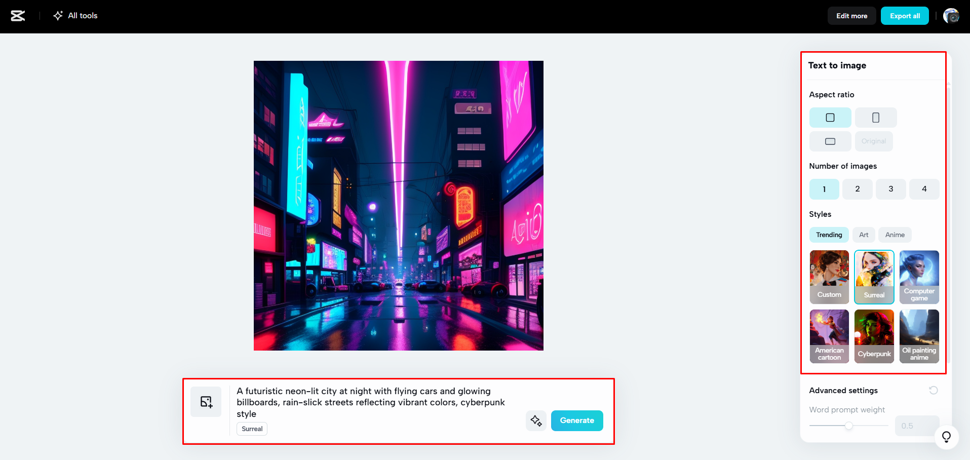 Menghasilkan gambar dengan CapCut Web