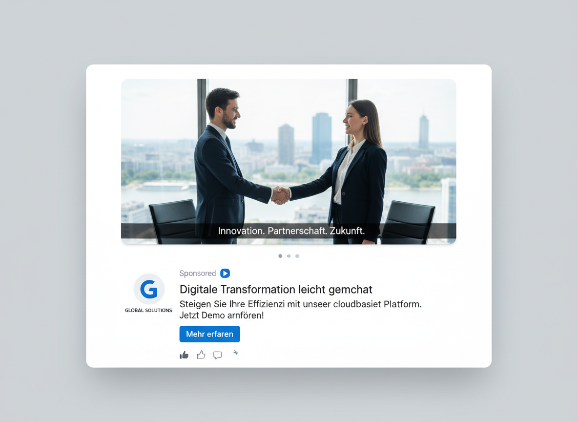 مراجعة مظهر تغذية اجتماعية تضم إطار فيديو B2B برعاية، مع ترجمة ألمانية واضحة، ملامح أفق مكتب فيينا، منطقة ترجمة آمنة، واجهة مستخدم باللون الأزرق الرمادي المؤسسي.