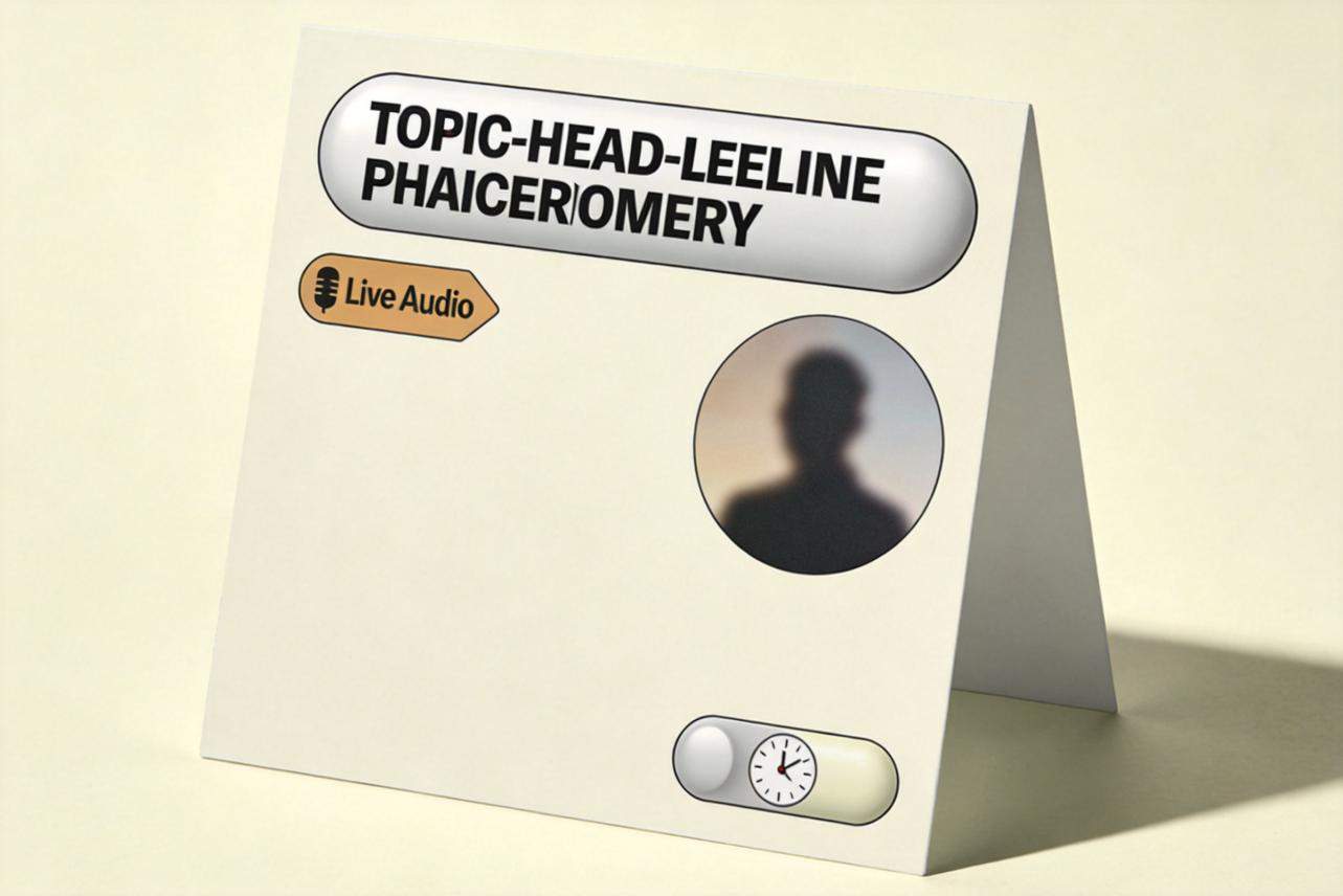 Minimal live audio cover art with bold headline, microphone tag, silhouette, and clock icon