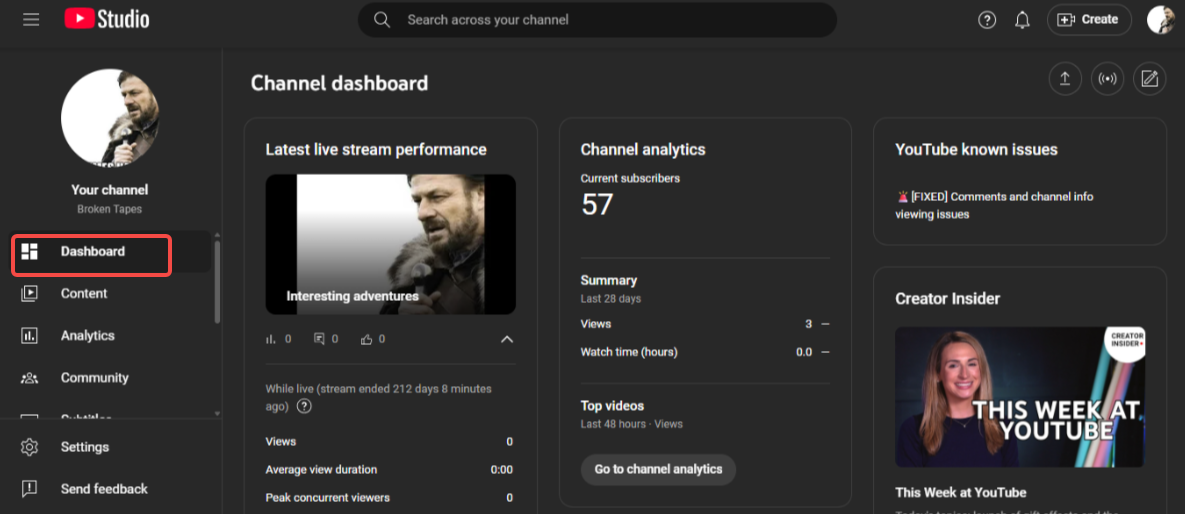 YouTube Dashboard interface