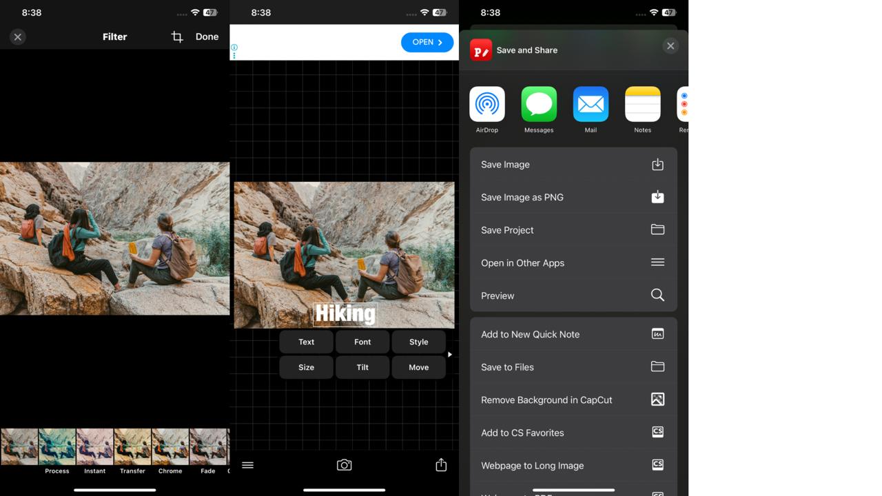 Interface of Phonto - a mobile-friendly photo text editor