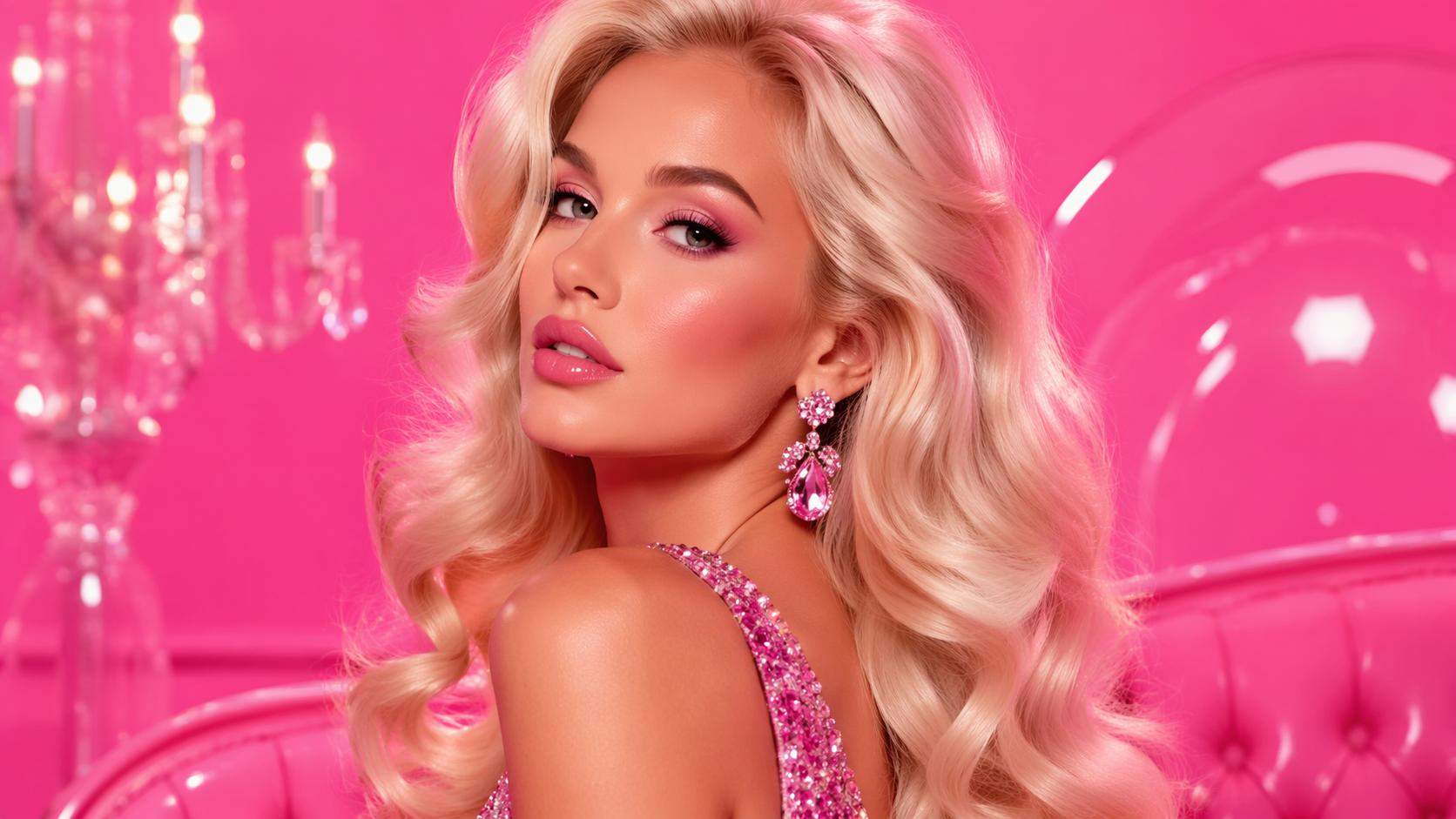 Dreamina barbie filter prompt card 3: Editorial de moda rosa