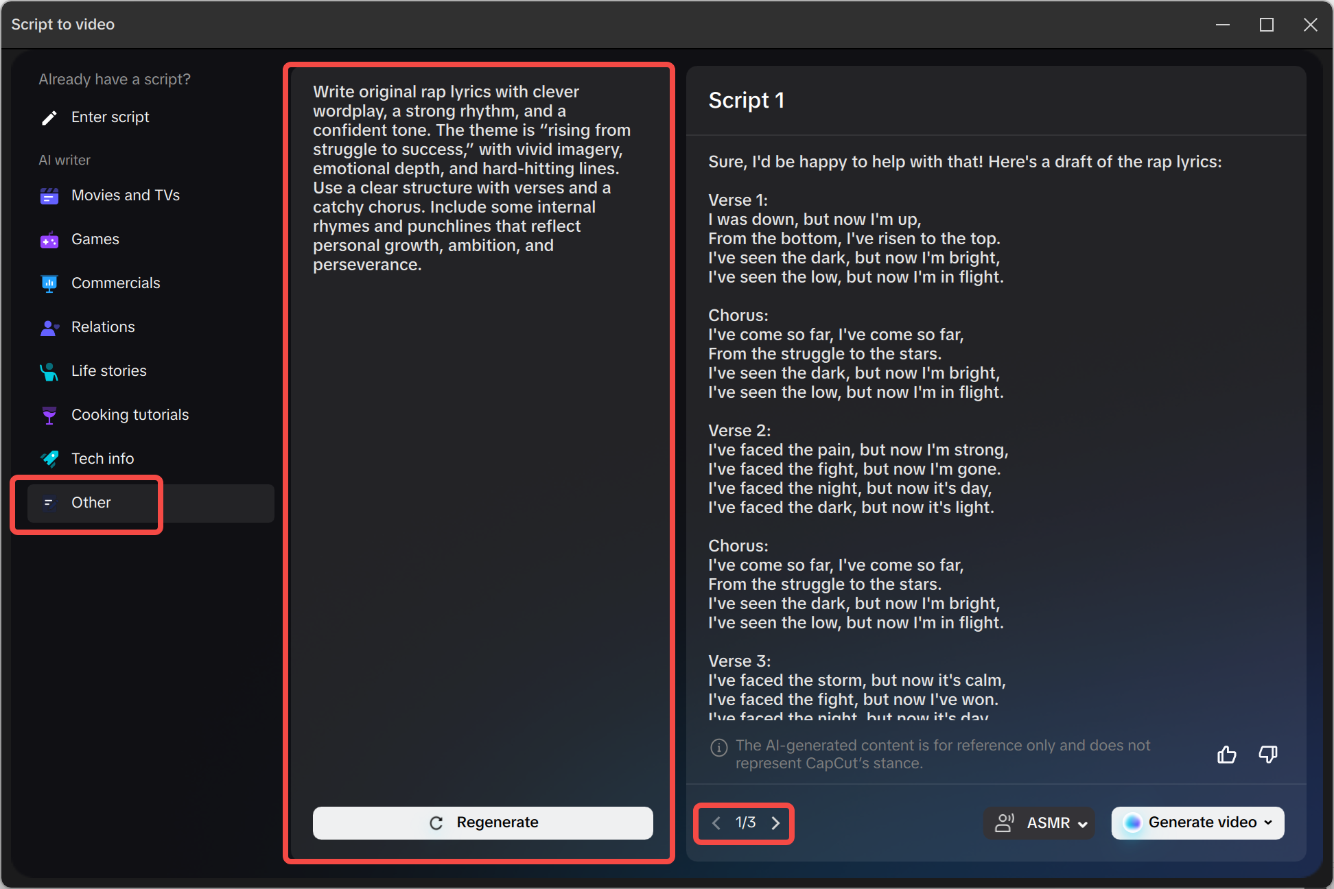 Generating rap lyrics in the CapCut desktop video editor