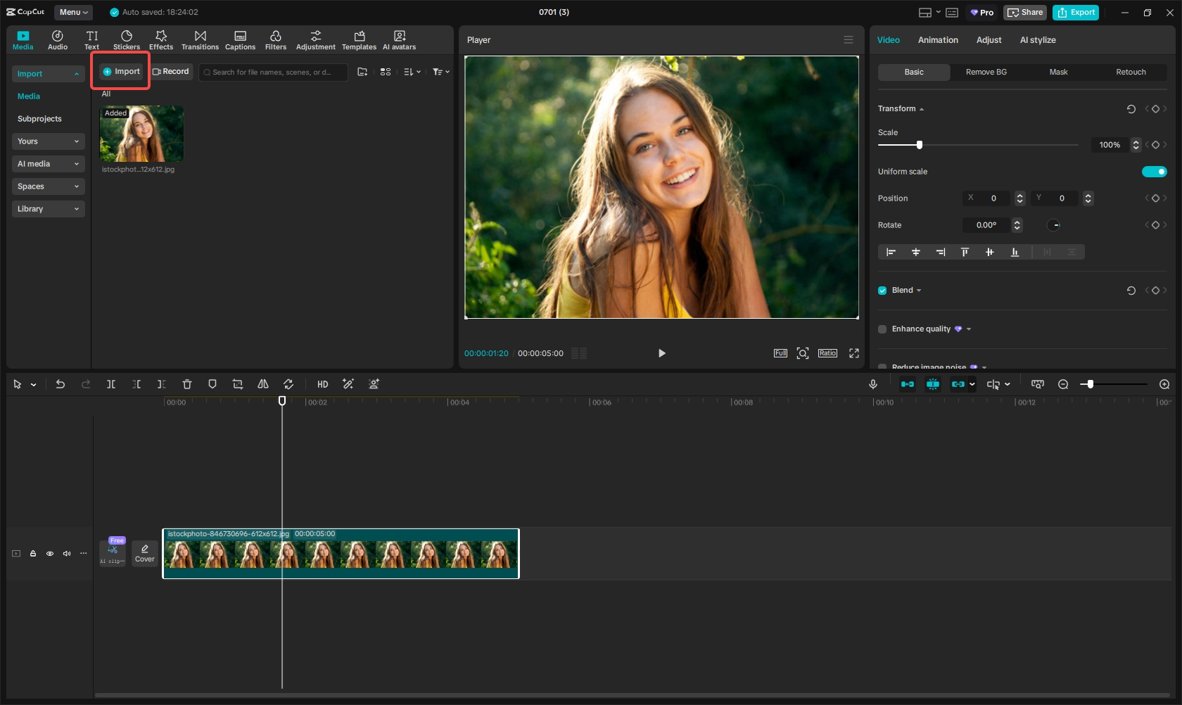 Import the photo to CapCut