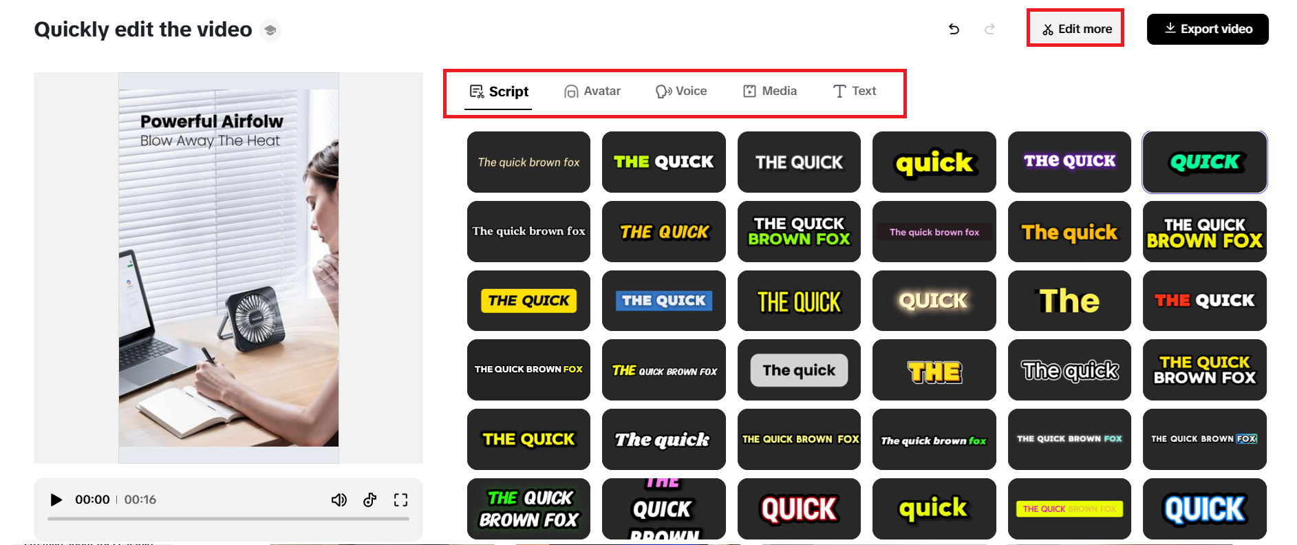 Quick editing options