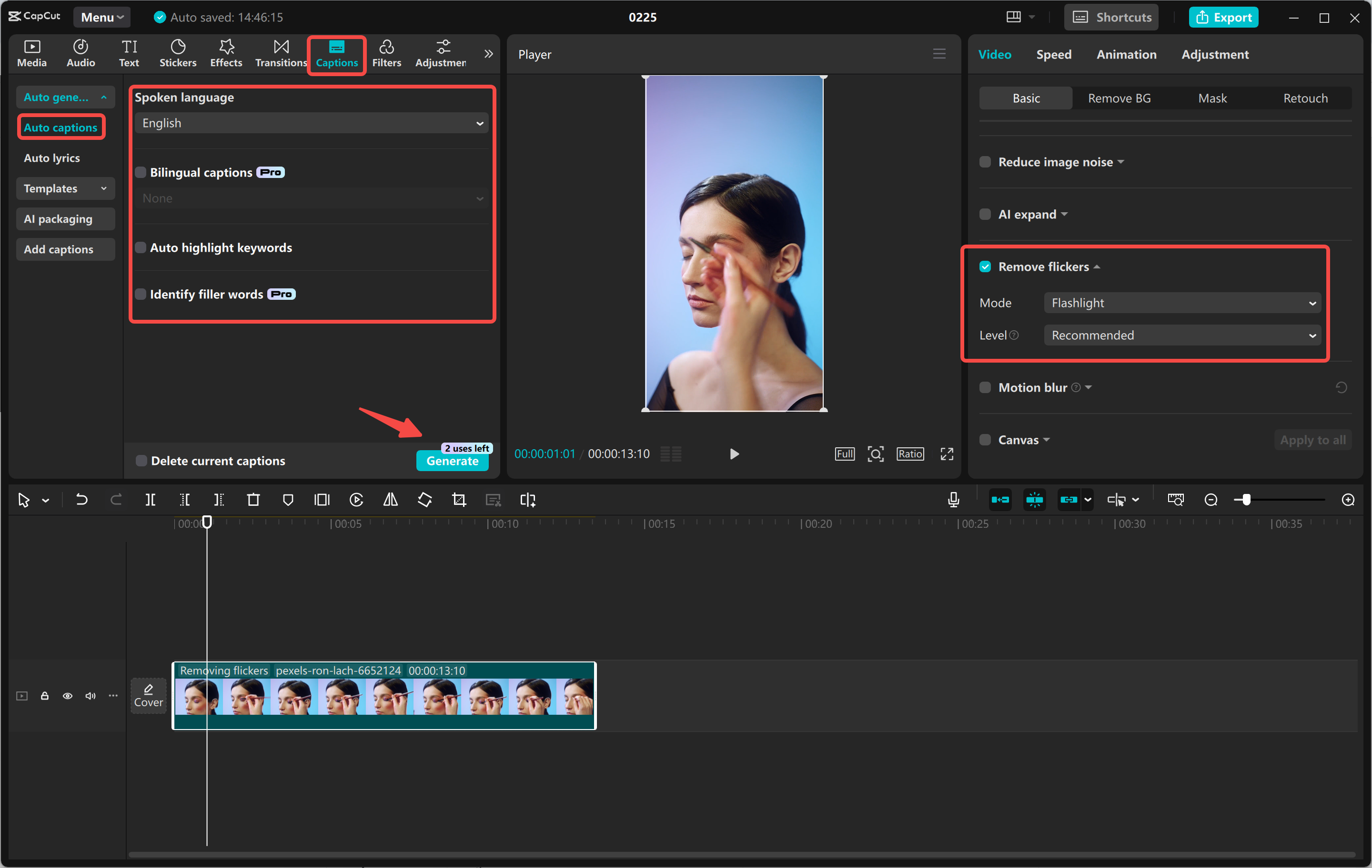 Adjusting reel colors and adding captions to the CapCut desktop video editor