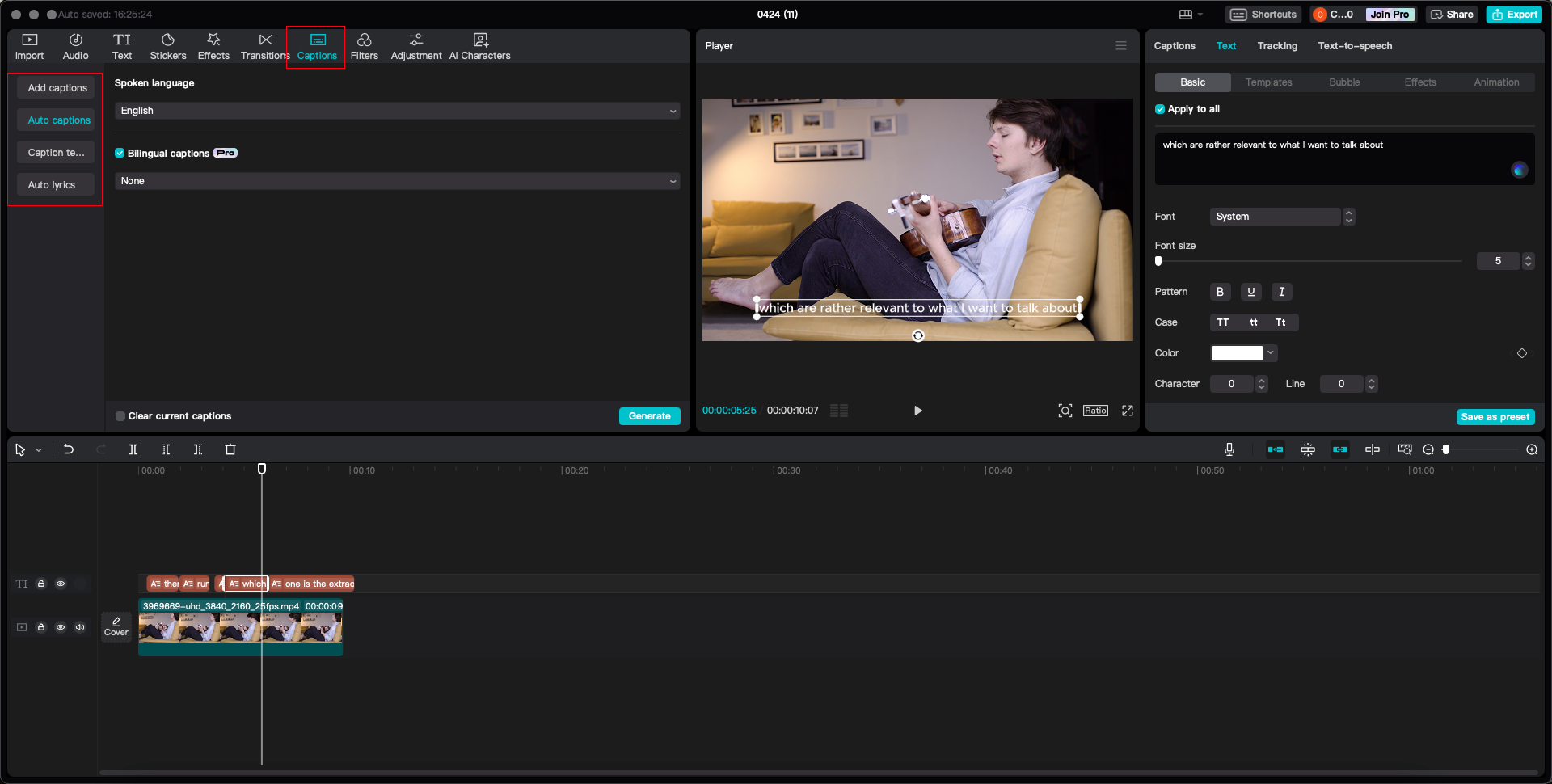 upload and generate captions on CapCut