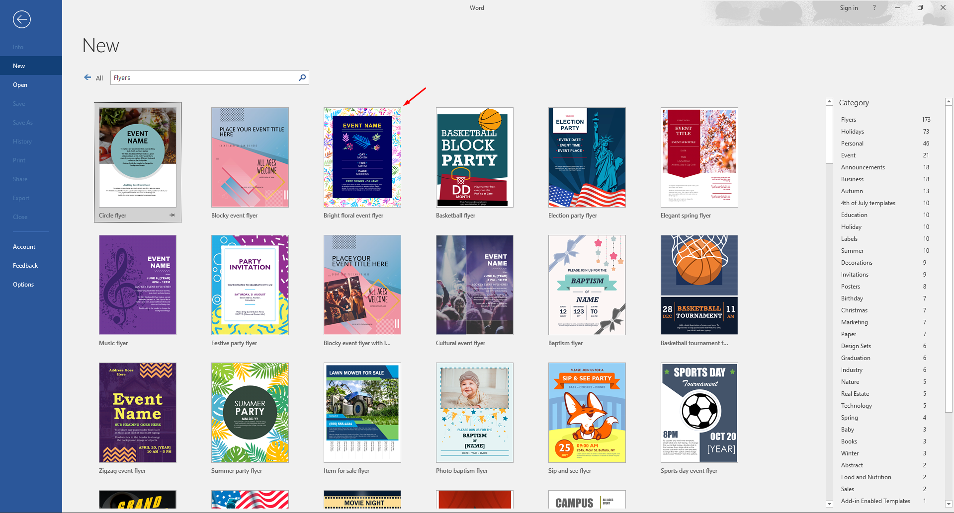 Selecting a suitable template in Word