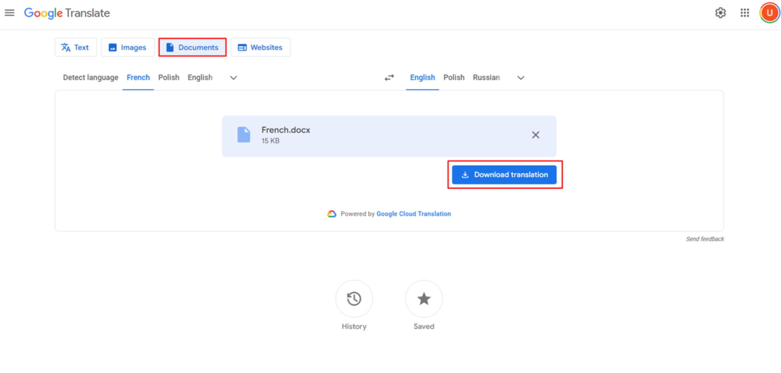 Converting French to English on Google Translate in documents