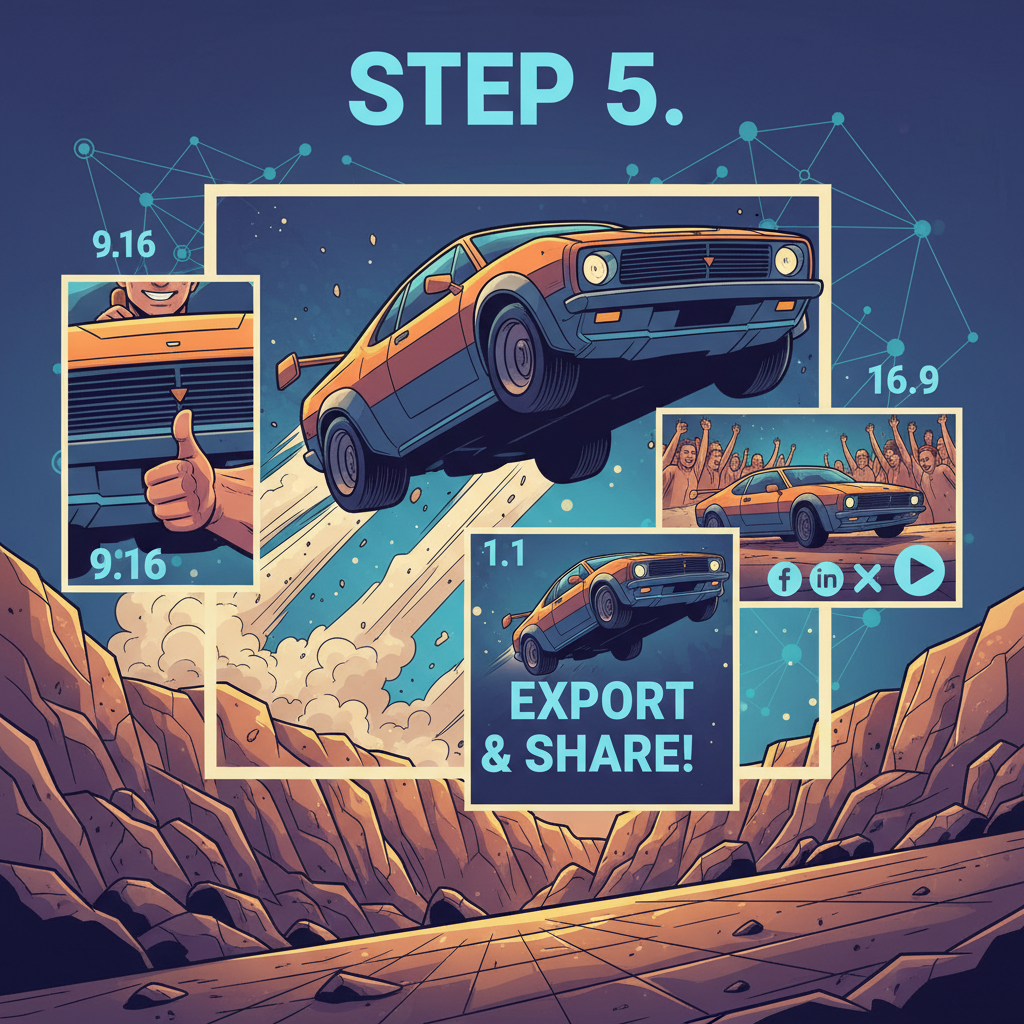 Step 5 illustration: export and share—social aspect ratio frames implied, hero car jump shot.