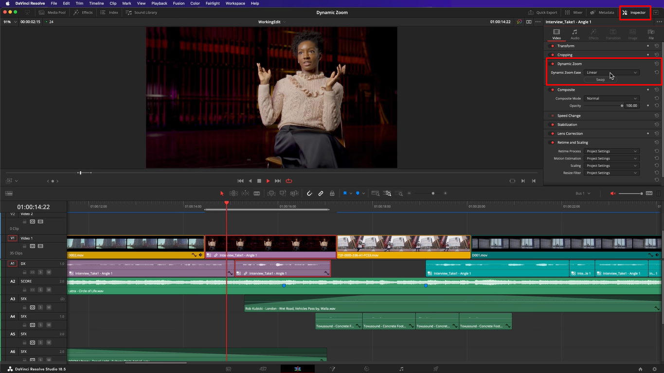 Enabling dynamic zoom to apply zoom clips in DaVinci Resolve