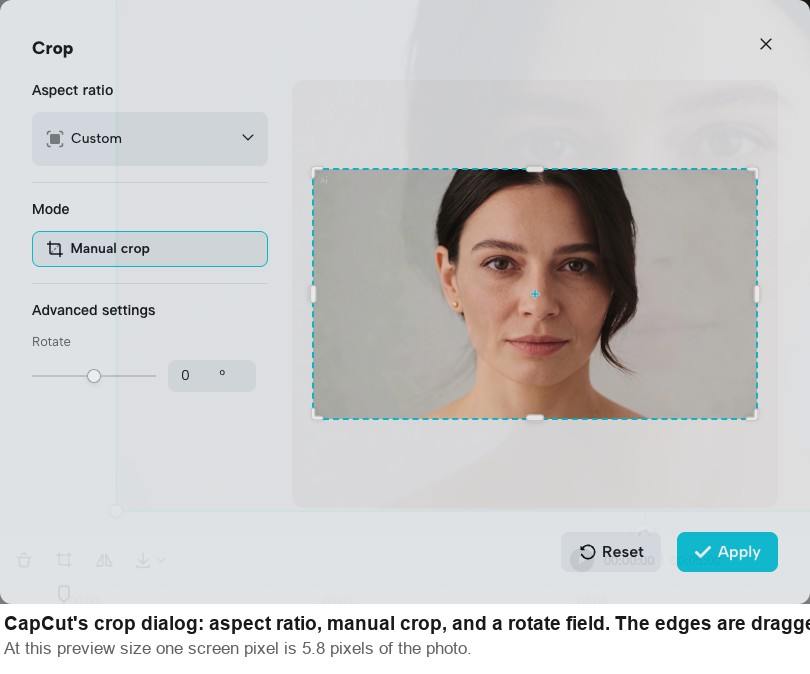 CapCut crop dialog showing an aspect ratio menu, a manual crop mode, a rotate field and a crop frame over the portrait.