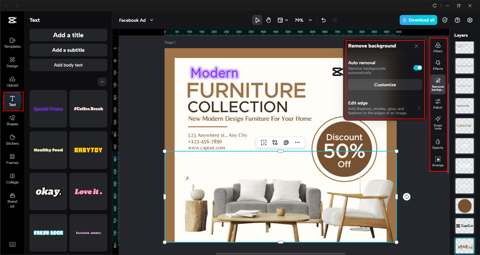 Personalizing the video ad for Facebook in the CapCut desktop video editor