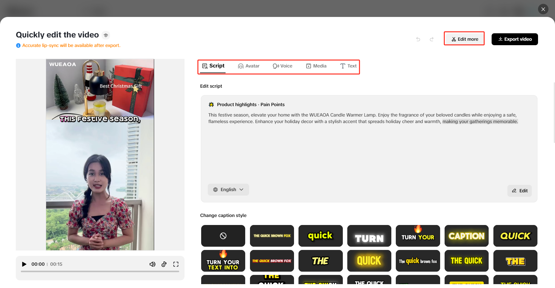 Ajuste o roteiro, avatar, voz, mídia e texto