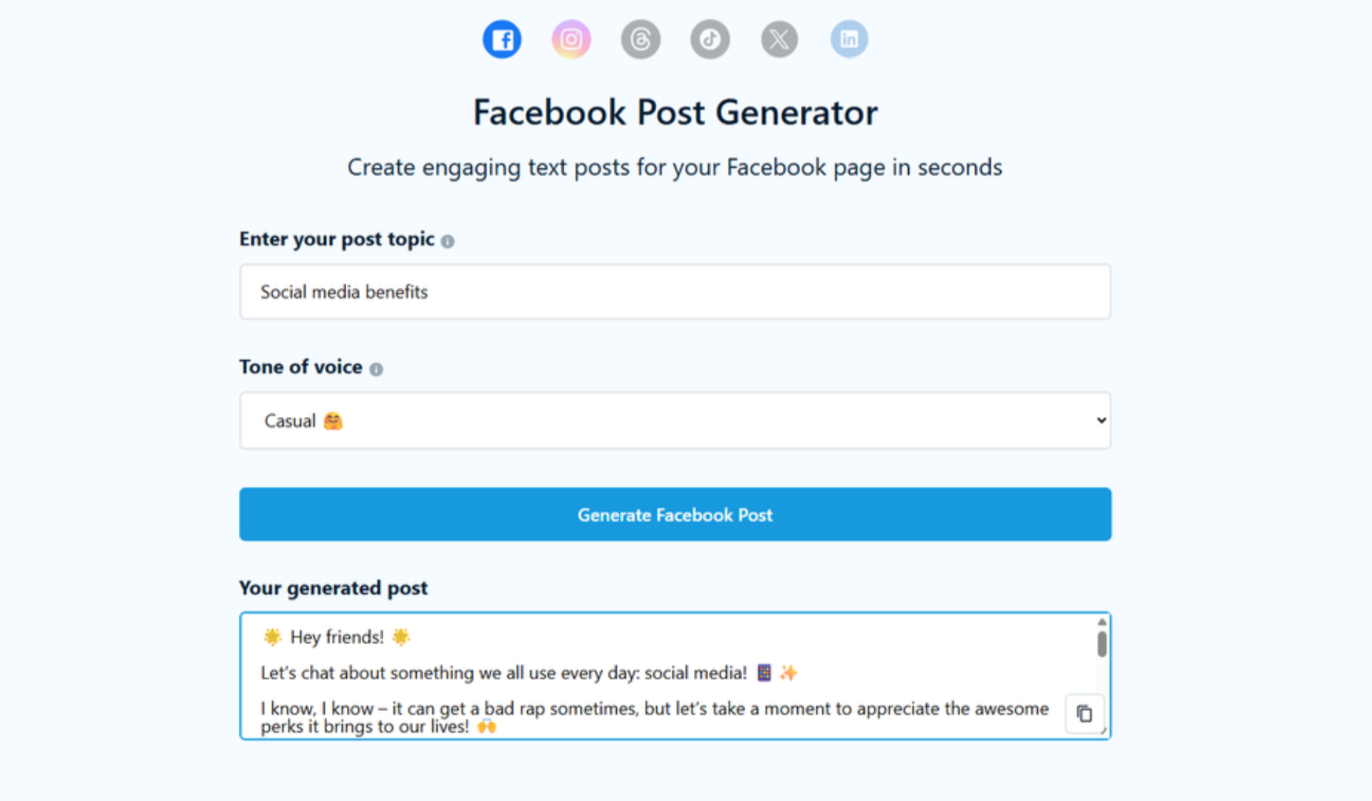Interface of Mention - another free AI Facebook post generator
