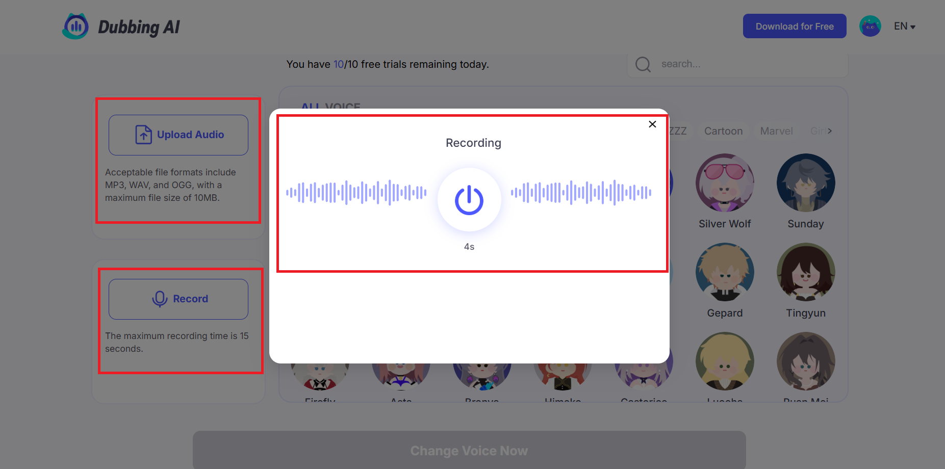 Upload or record audio in Dubbing AI Voice Changer