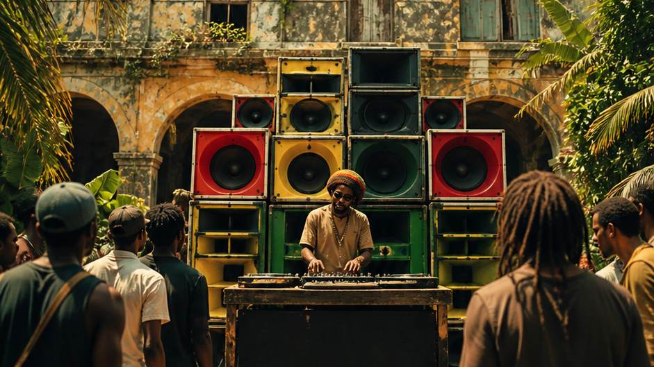 Abandoned Dawn Reggae — colorful sound-system performance in a sunlit courtyard