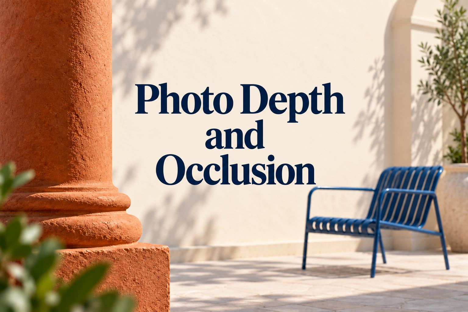 Photo Depth and Occlusion title over a courtyard depth illustration