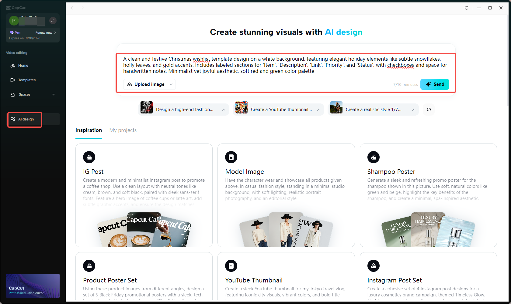 Accessing the AI design feature in CapCut